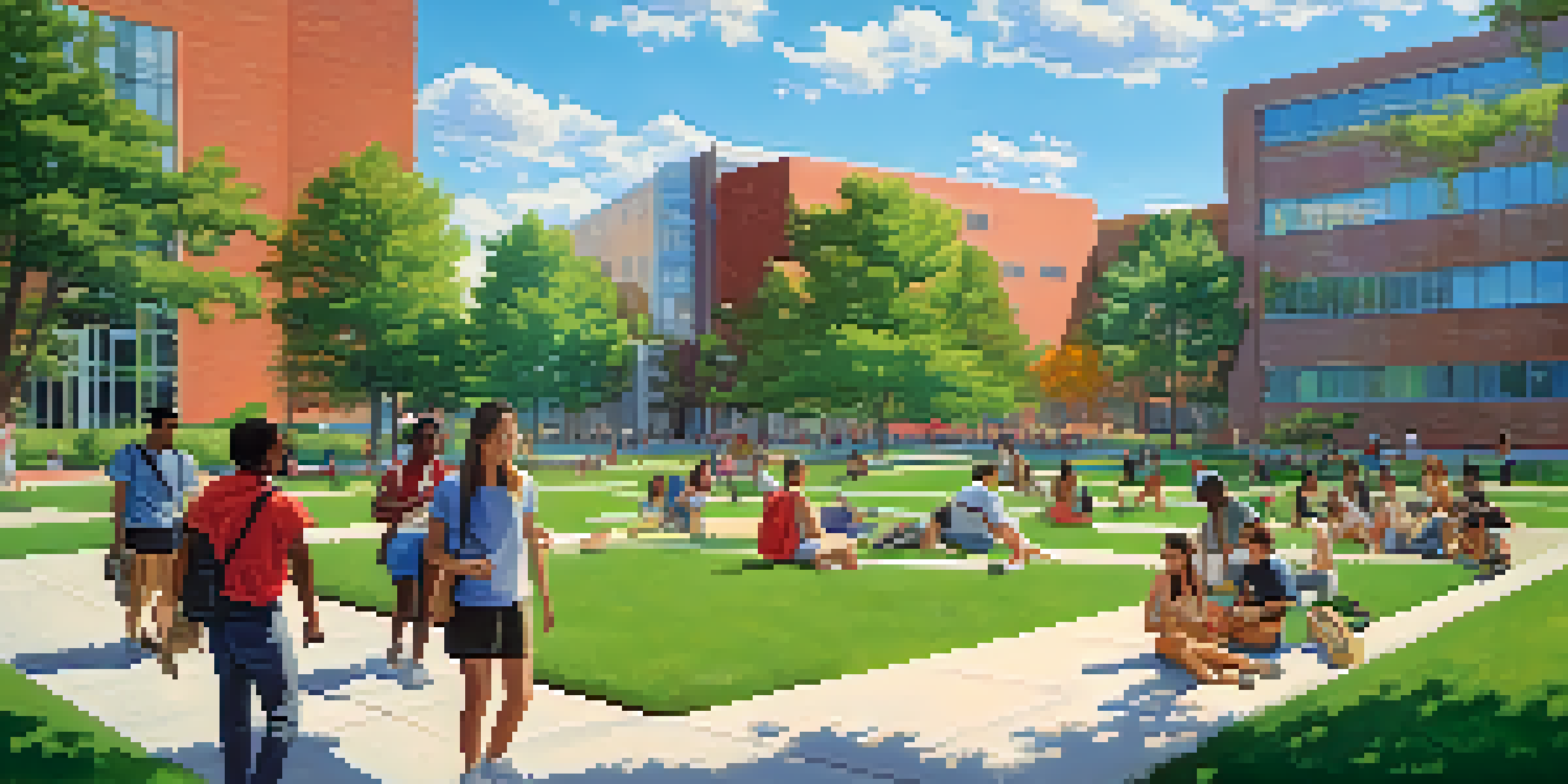 A lively campus scene at Rutgers University-Newark with diverse students enjoying outdoor activities under a sunny sky.