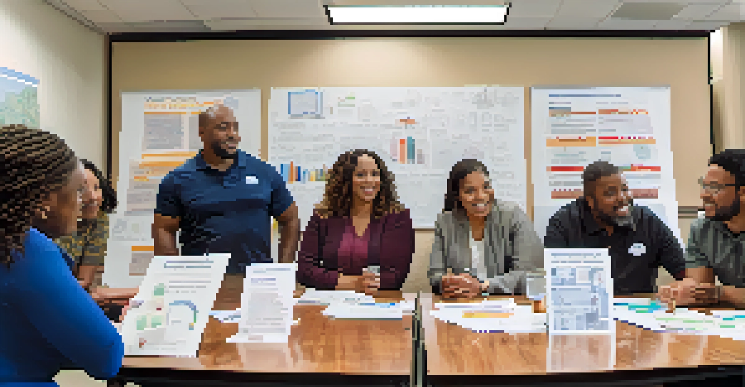 A group of community members in Newark holding a meeting discussing funding solutions for public schools, with charts and materials on a table.