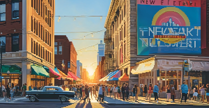 A lively outdoor film festival in Newark with colorful banners, attendees, and a large screen showing a movie, under a warm sunset.