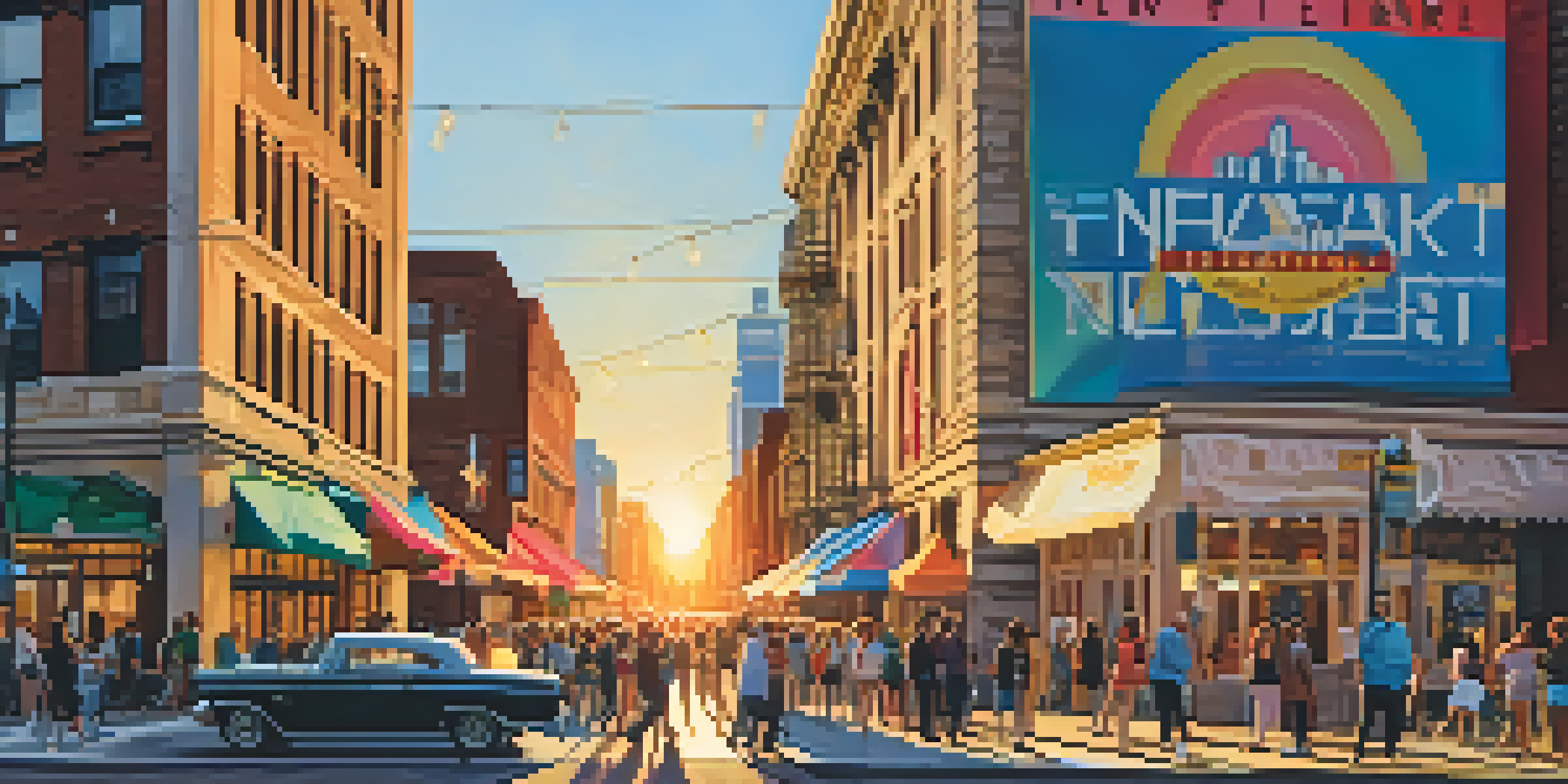 A lively outdoor film festival in Newark with colorful banners, attendees, and a large screen showing a movie, under a warm sunset.