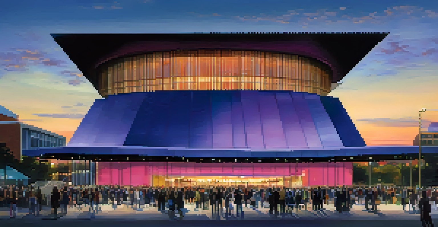The exterior of the New Jersey Performing Arts Center at dusk, showcasing modern architecture with vibrant lights and a crowd gathered outside.