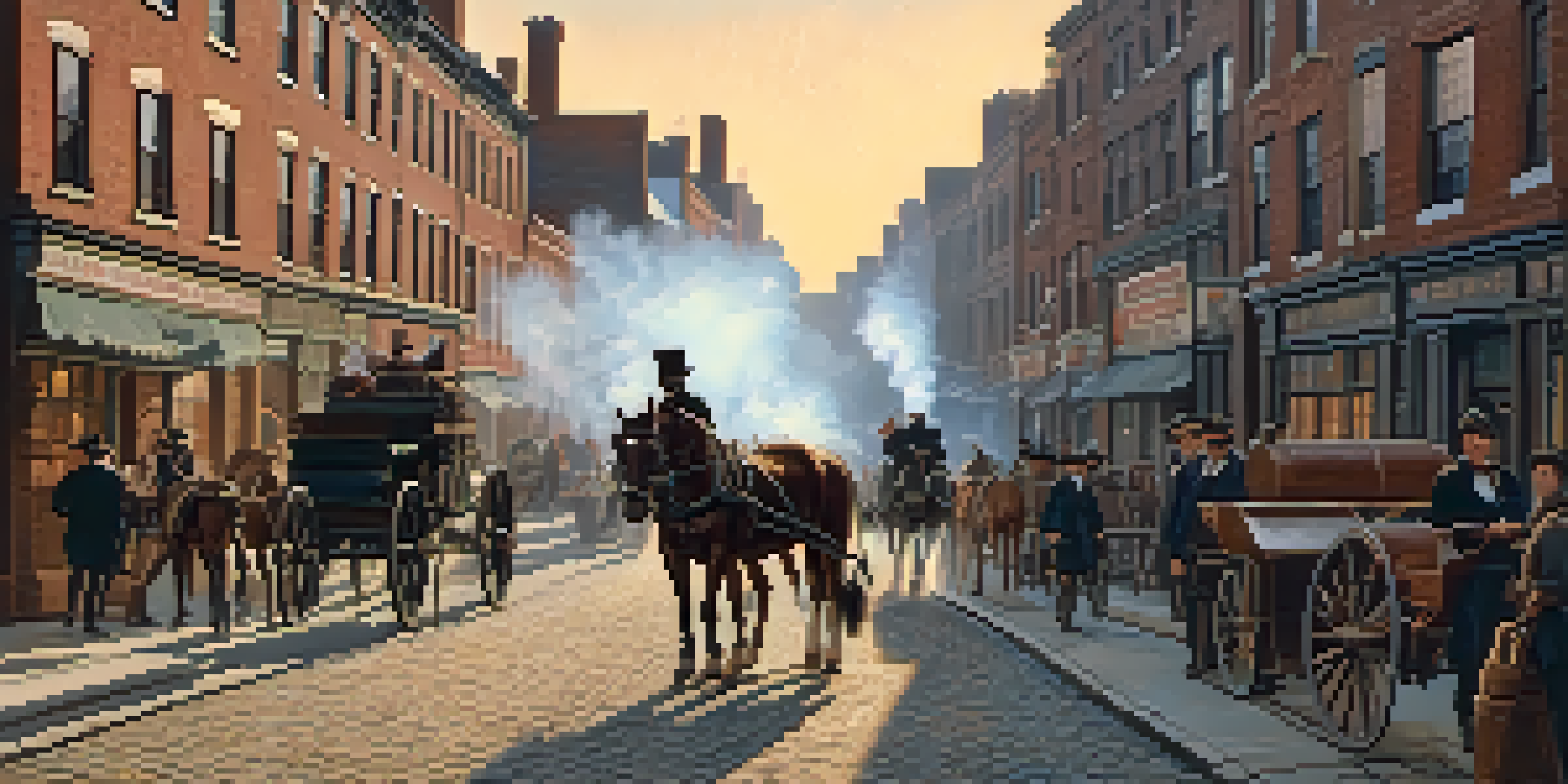 A historic street in Newark during the Industrial Revolution, featuring factories, carriages, and people in period clothing under a sunset.