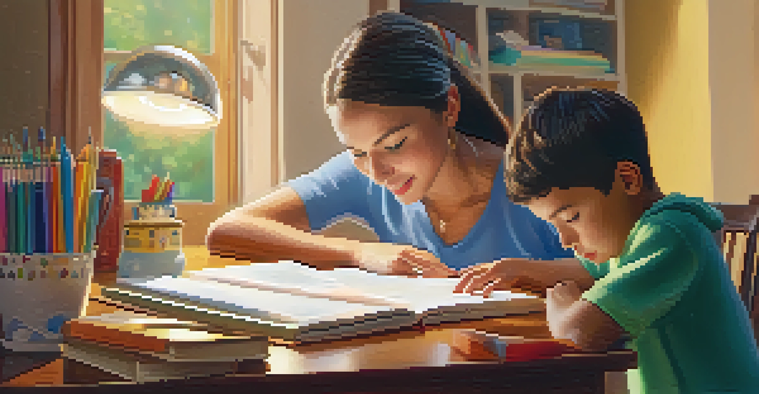 A parent assisting a child with homework at a kitchen table, surrounded by books and stationery, with a warm lamp light.