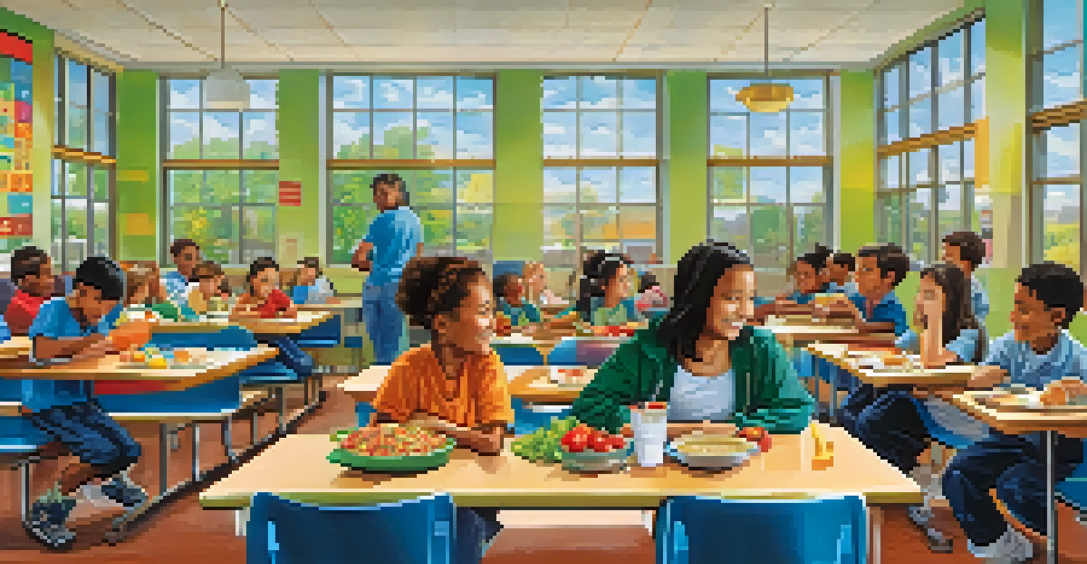 Students in a school cafeteria enjoying balanced meals, surrounded by a colorful and engaging environment.