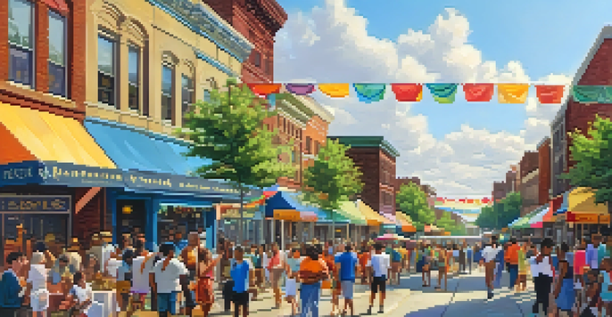 A lively community event in Newark, New Jersey, with diverse people enjoying food stalls and live music under colorful banners.