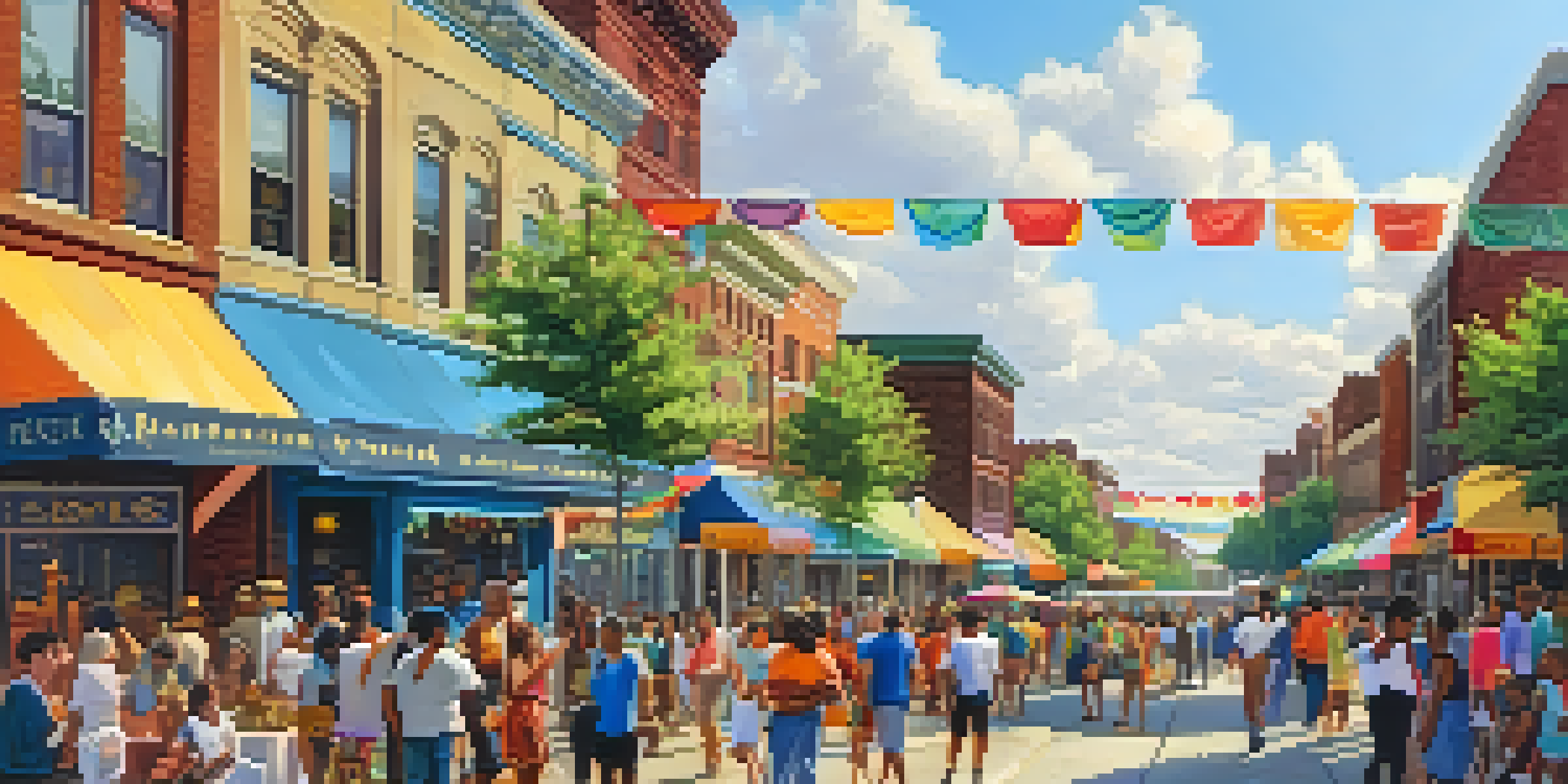 A lively community event in Newark, New Jersey, with diverse people enjoying food stalls and live music under colorful banners.