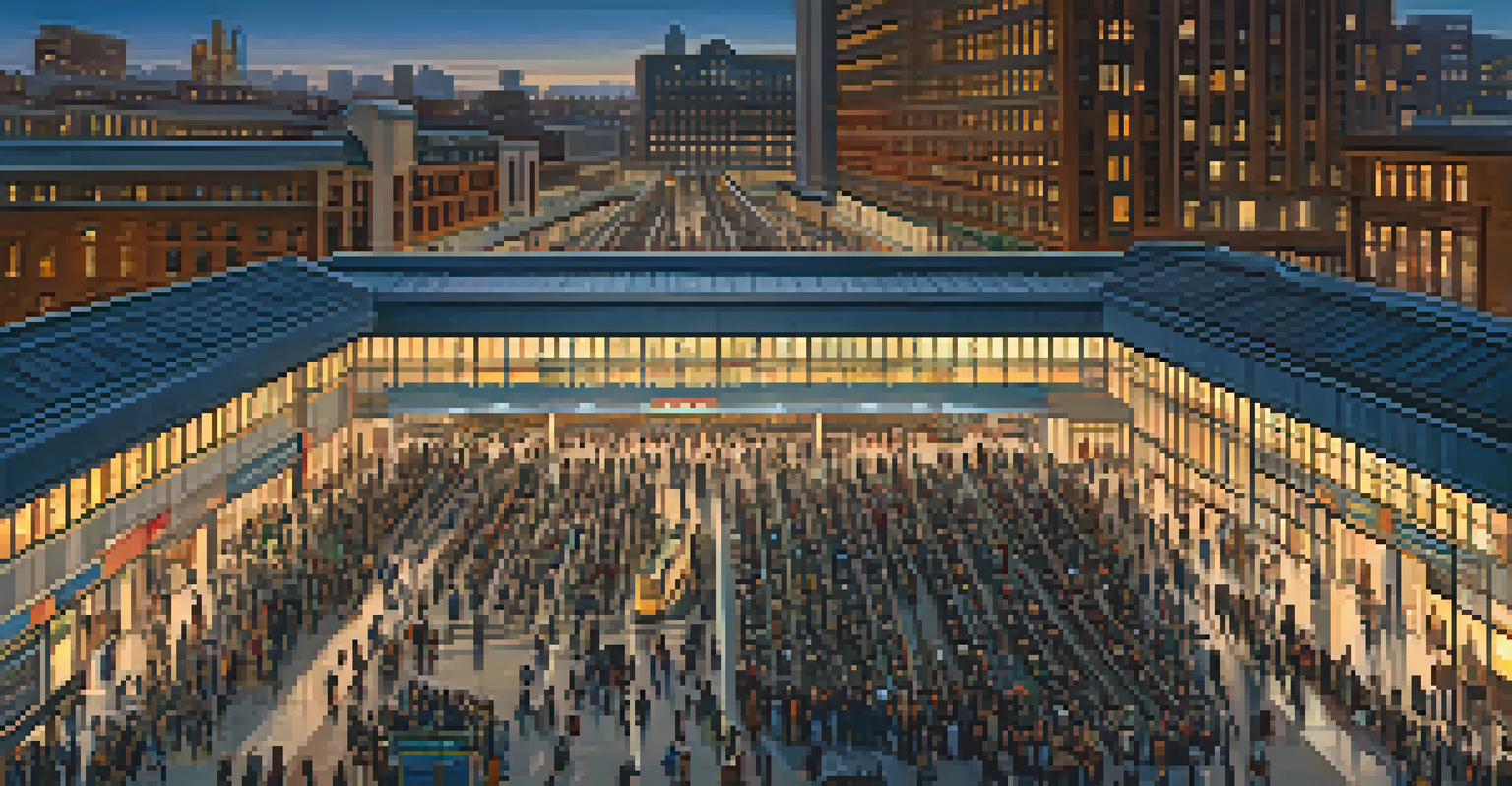 Aerial view of a busy train station with commuters and trains, surrounded by the city skyline at sunset.