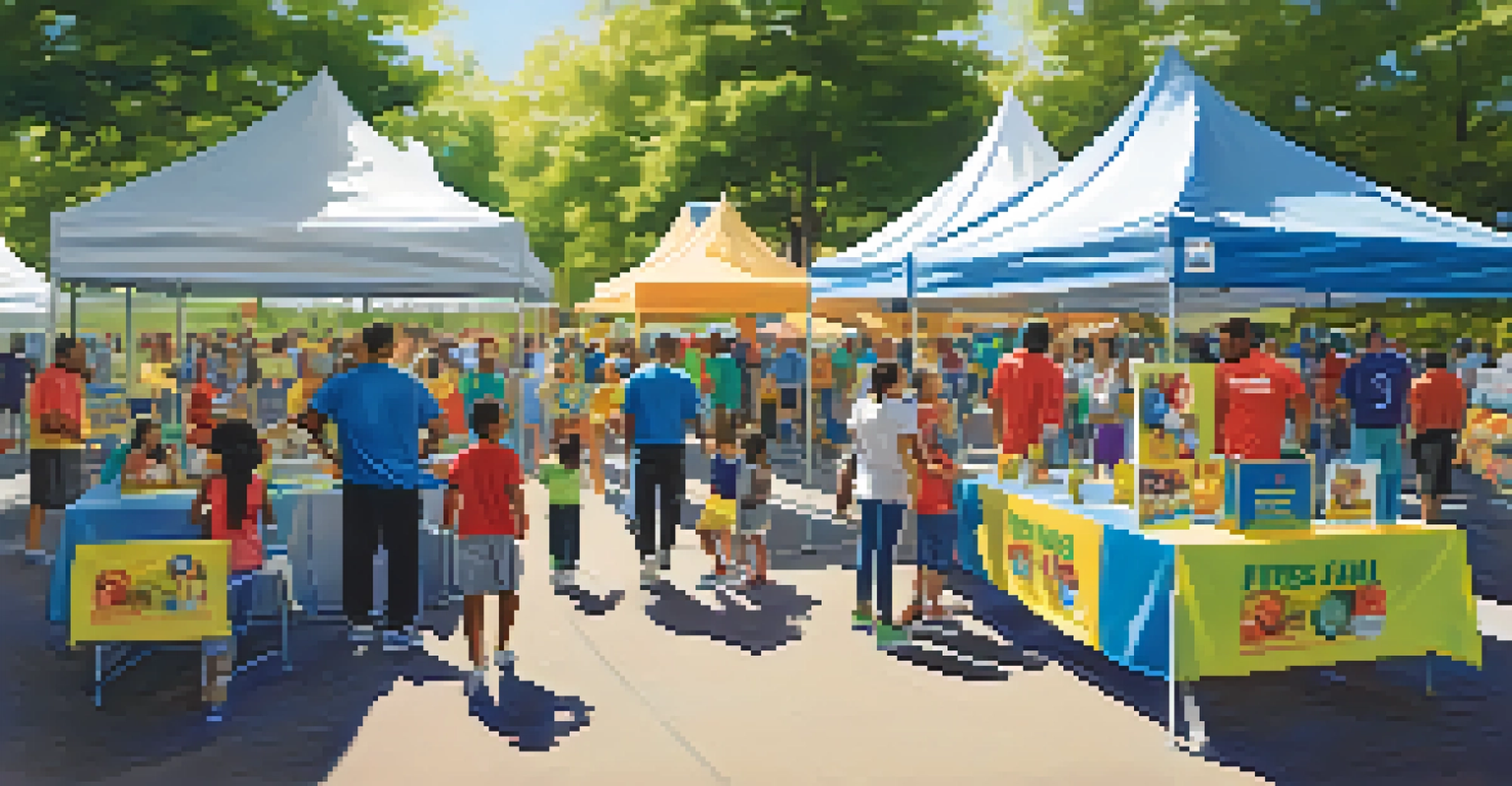 A vibrant health fair with families engaging in fitness activities, colorful booths, and a sunny outdoor setting in Newark.