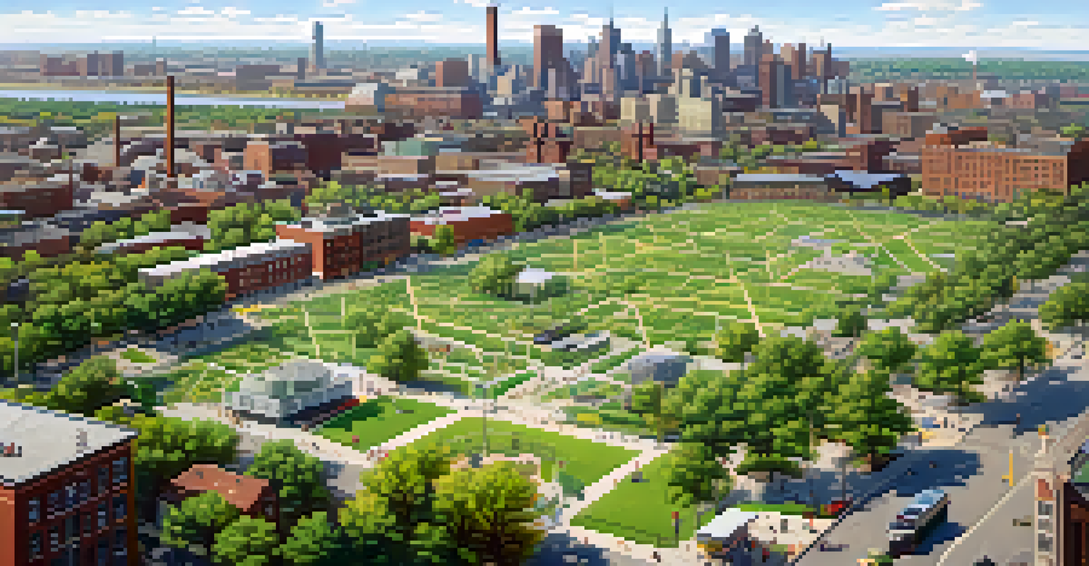 An aerial view of Newark showing a mix of industrial buildings and green spaces with families in a park.