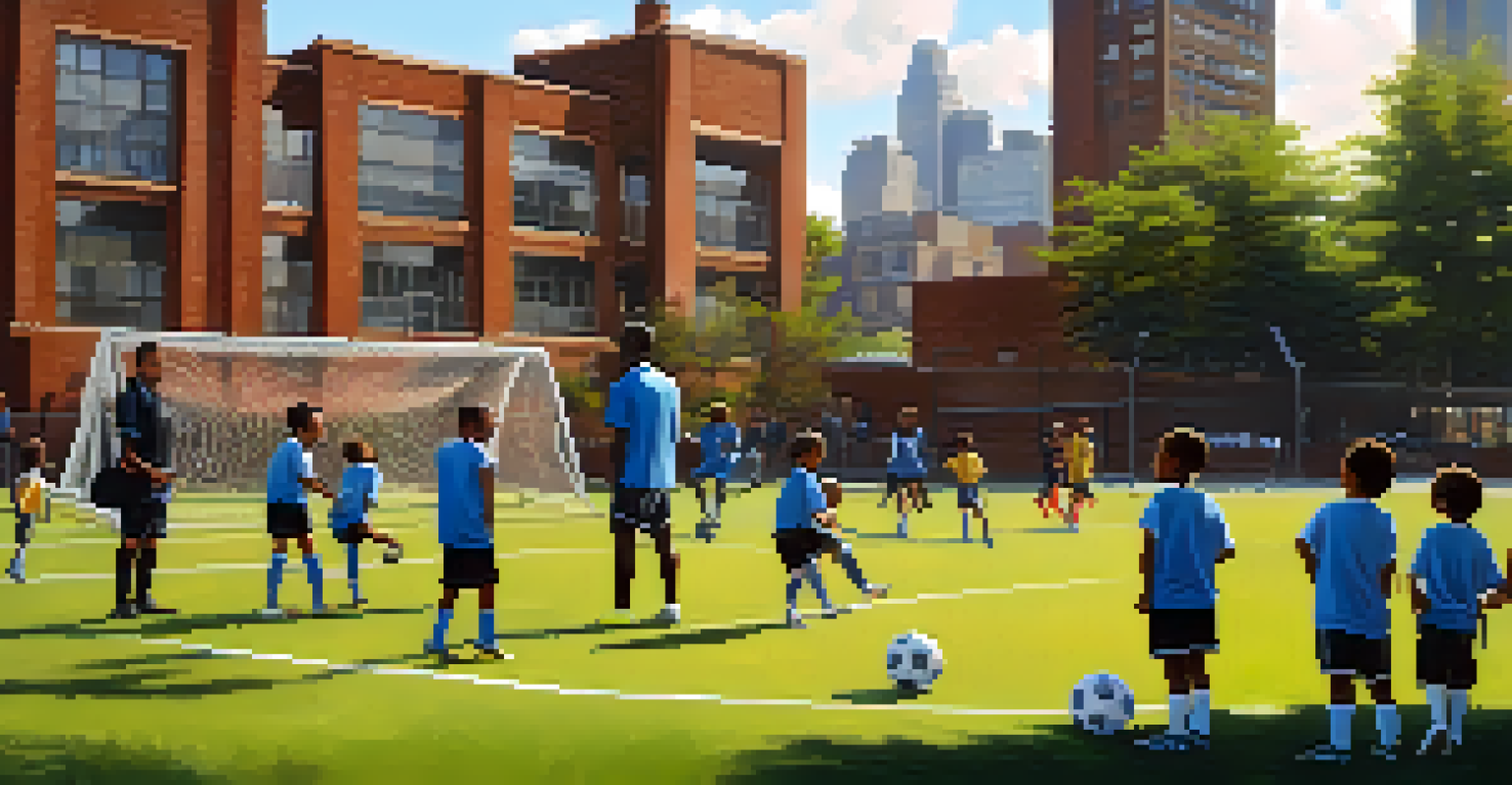 Young soccer players training under the guidance of a coach, with parents watching and a city skyline in the background.