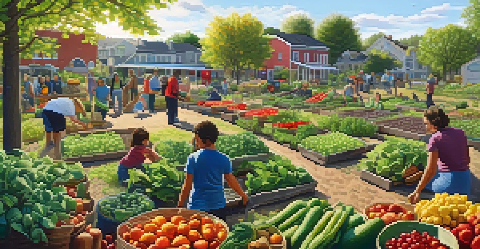 A vibrant community garden with residents planting and harvesting fresh vegetables under the warm sunlight.