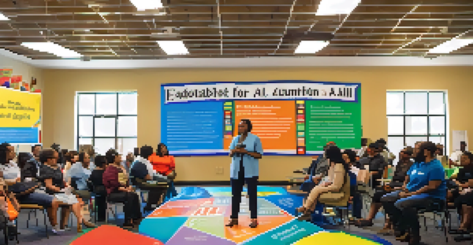A community forum in Newark featuring diverse parents and educators discussing education funding, with a banner reading 'Equitable Education for All'.