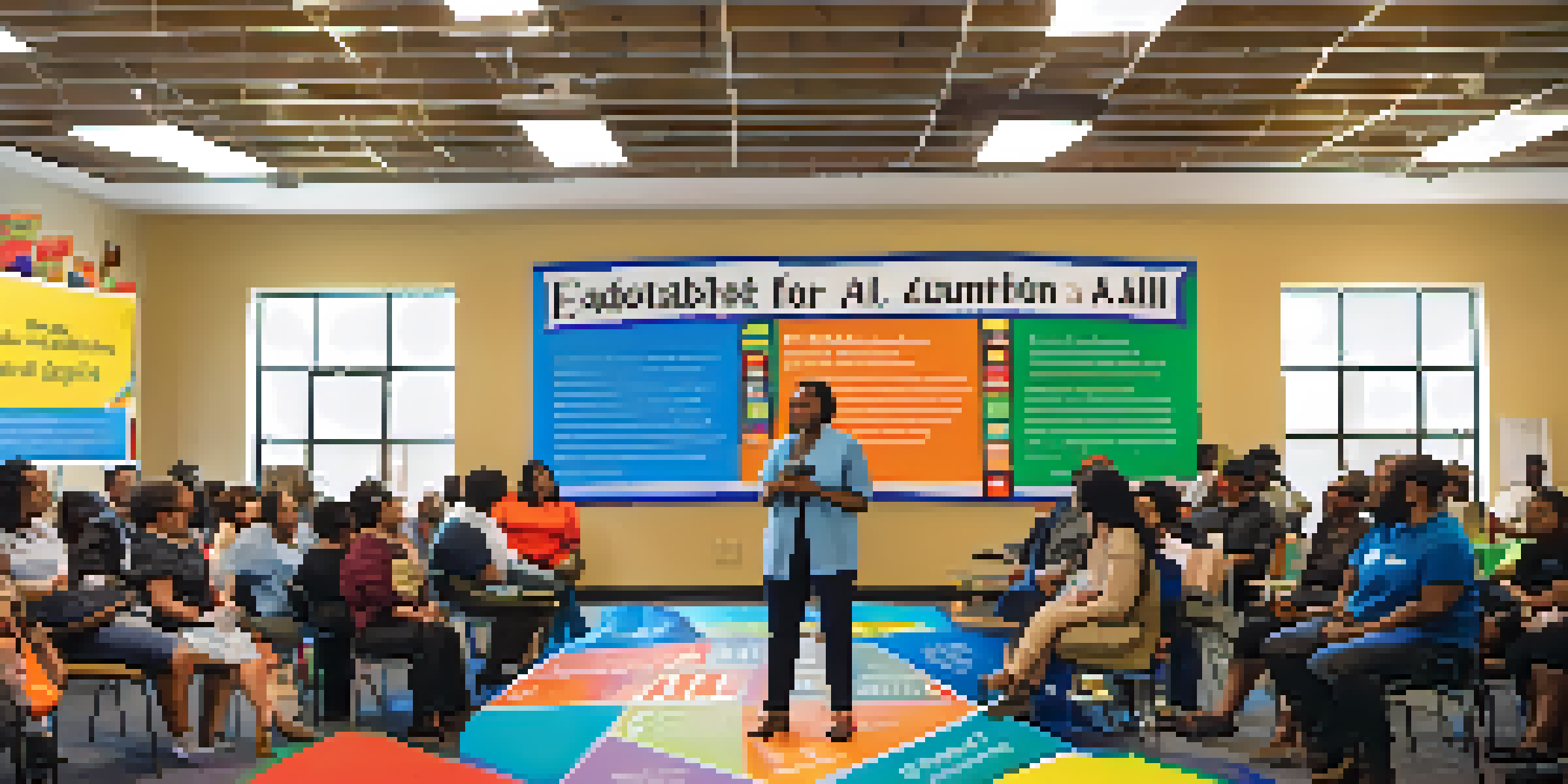 A community forum in Newark featuring diverse parents and educators discussing education funding, with a banner reading 'Equitable Education for All'.
