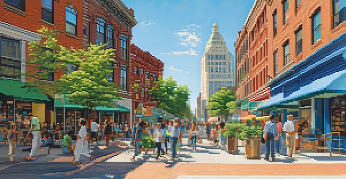 A lively urban landscape of Newark, New Jersey, with a mix of historic and modern buildings, colorful shops, and people walking in a sunny park.