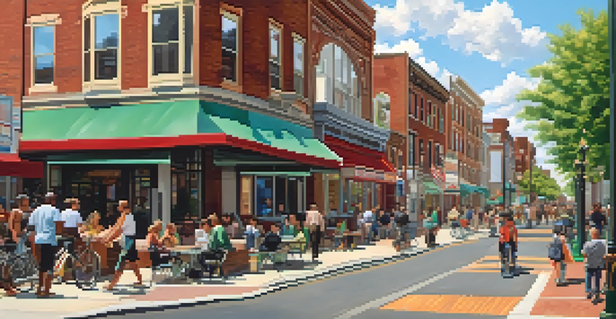 A vibrant urban scene in Newark with modern buildings, green spaces, and diverse people enjoying the outdoors.