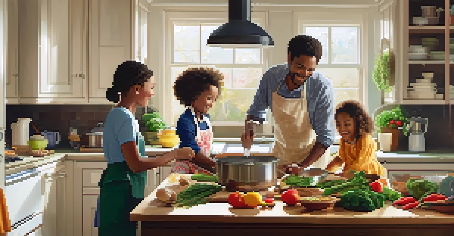 A family happily cooking a healthy meal together in a bright kitchen filled with fresh ingredients.