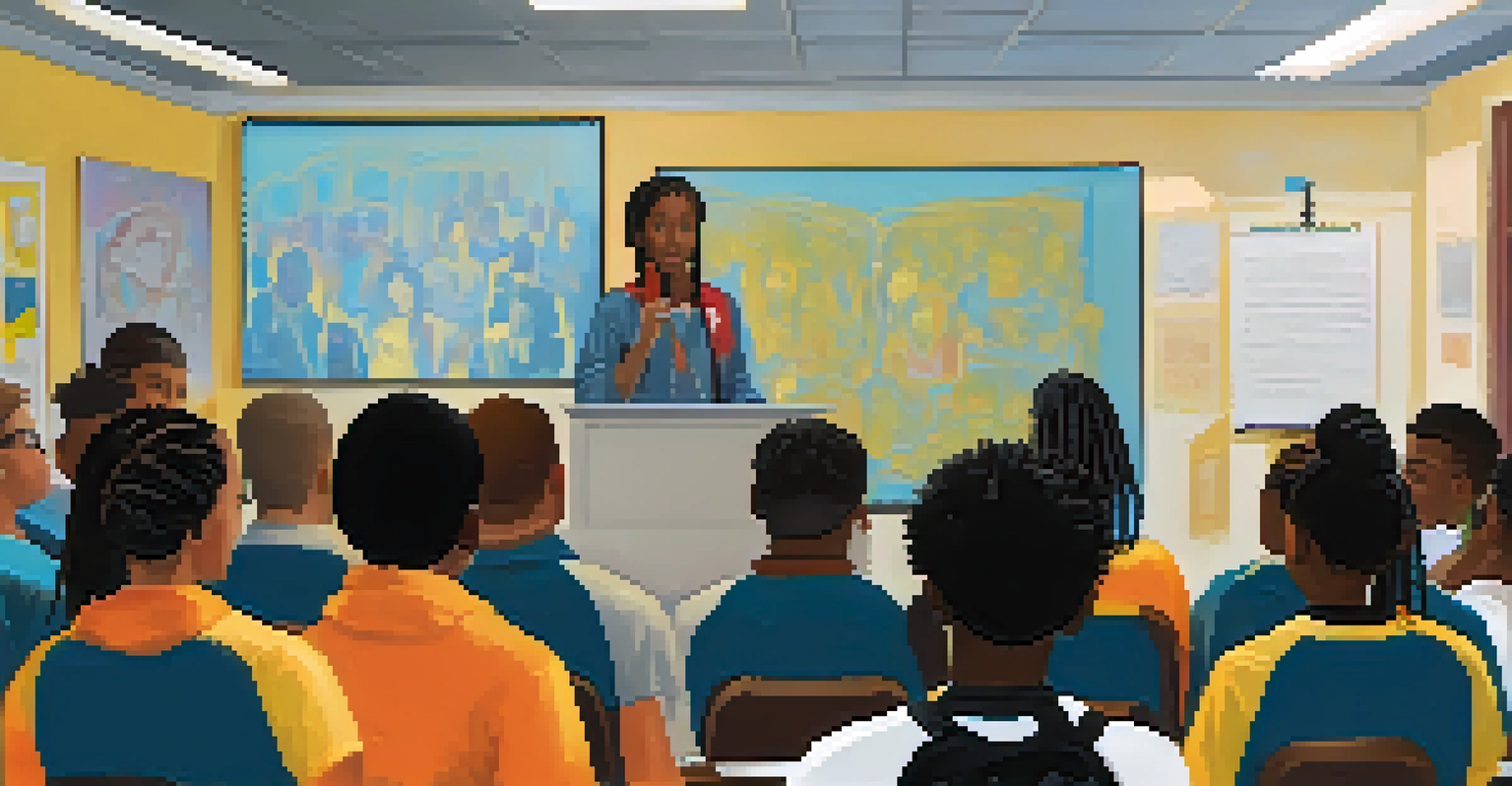 A young person confidently addressing a youth council meeting in Newark, surrounded by attentive peers in a bright, modern room.