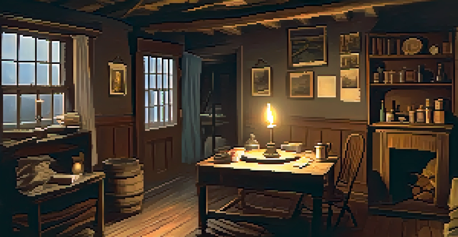 The interior of a safe house from the Underground Railroad, featuring rustic furniture, candlelight, and maps, creating a warm and inviting atmosphere.