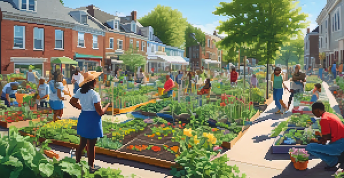 A diverse group of residents working together in a colorful community garden, planting vegetables and flowers under a sunny sky.