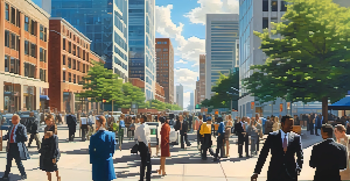 A lively city scene in Newark with diverse professionals collaborating in various industries, modern buildings in the background, and bright sunlight.