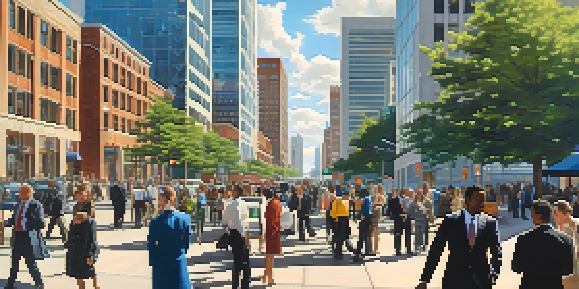 A lively city scene in Newark with diverse professionals collaborating in various industries, modern buildings in the background, and bright sunlight.