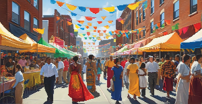 A lively multicultural festival in Newark with people celebrating, colorful banners, food stalls, and bright sunlight.