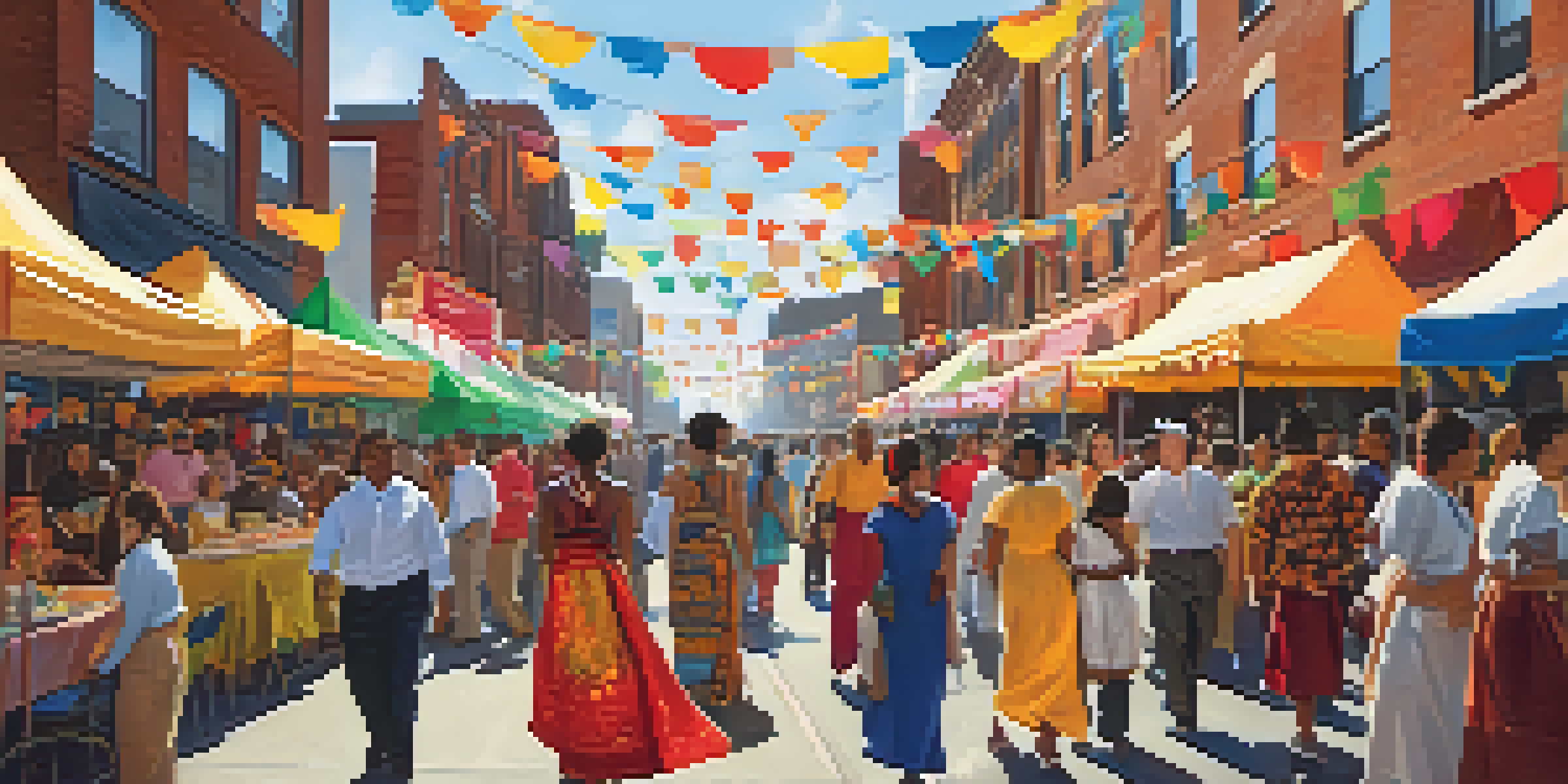 A lively multicultural festival in Newark with people celebrating, colorful banners, food stalls, and bright sunlight.