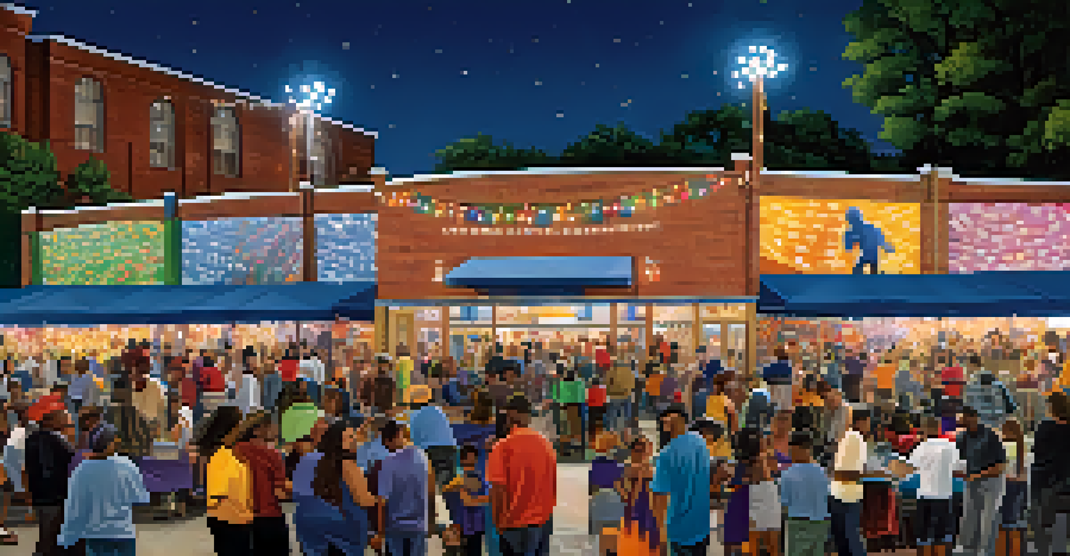 A festive community event at a Newark Bears game night, with local artists, musicians, and families enjoying food together in a vibrant atmosphere.