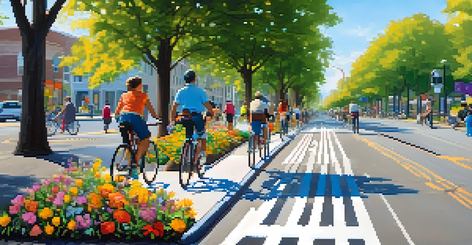 A picturesque bike lane in Newark with cyclists enjoying the ride, surrounded by greenery and a bike-sharing station.