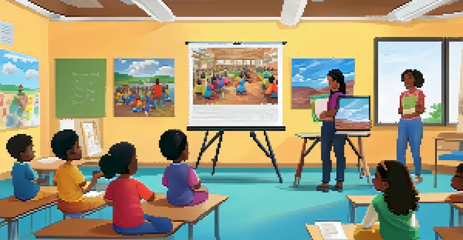 Parents attending a community workshop in a classroom, with a facilitator presenting educational materials on a screen.