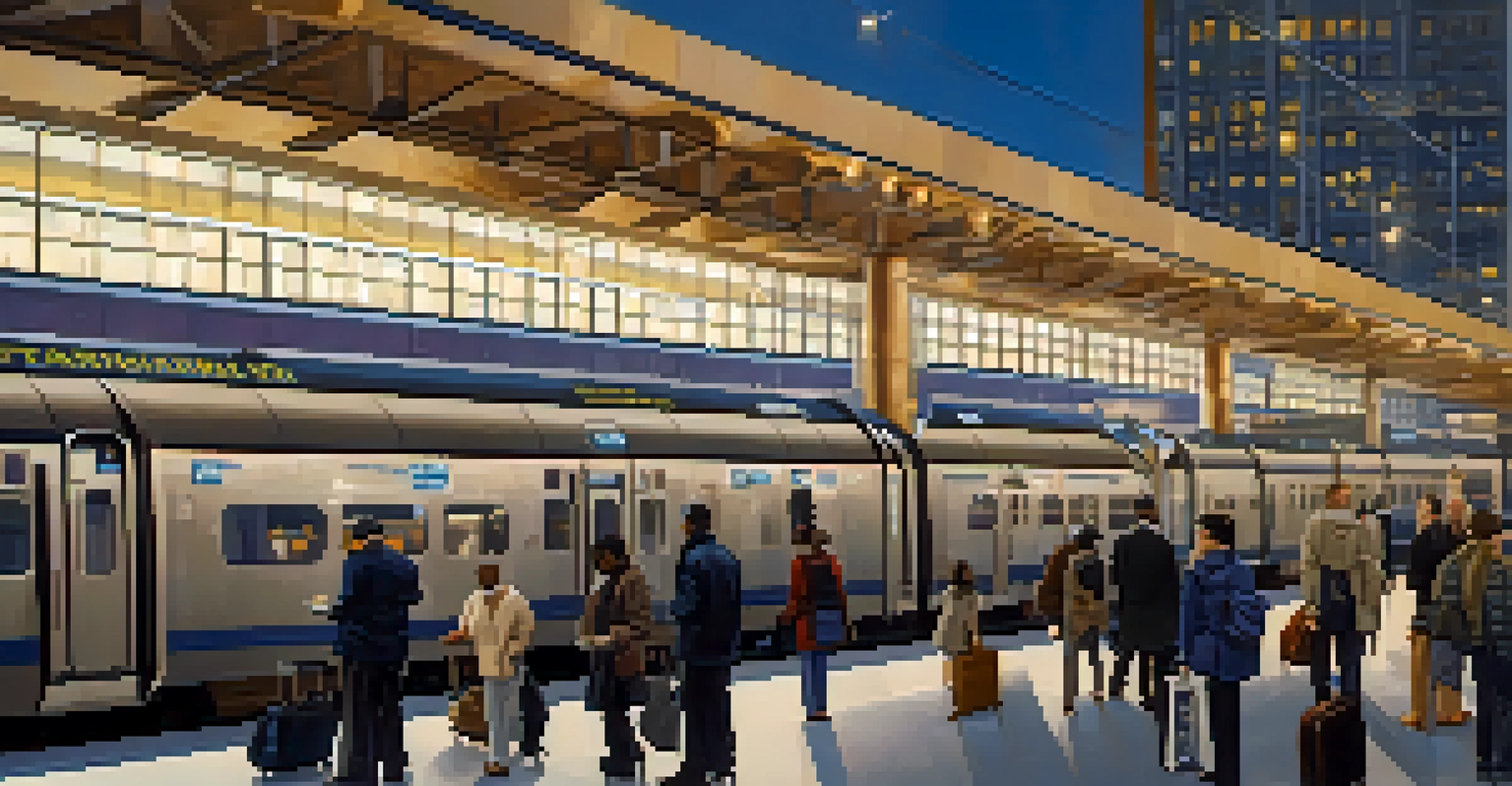 Close-up of Newark AirTrain station with commuters and modern design.