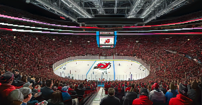 A panoramic view of the Prudential Center filled with cheering fans in red and black jerseys during a New Jersey Devils hockey game, with bright lights and a large scoreboard.
