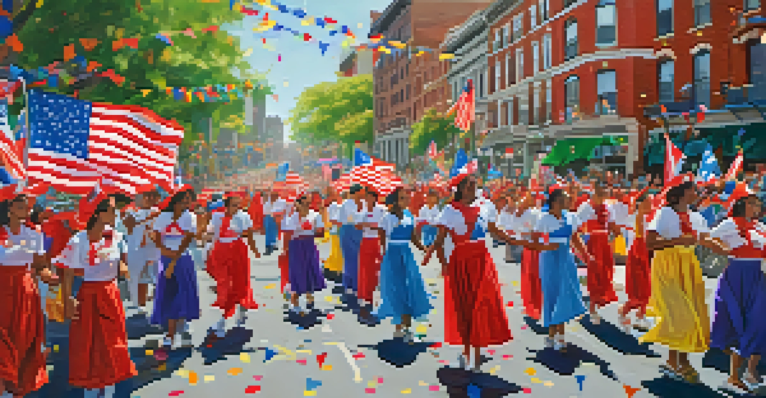A colorful parade scene from the Newark Puerto Rican Day Parade, showcasing floats, dancers, and families celebrating in bright clothing.