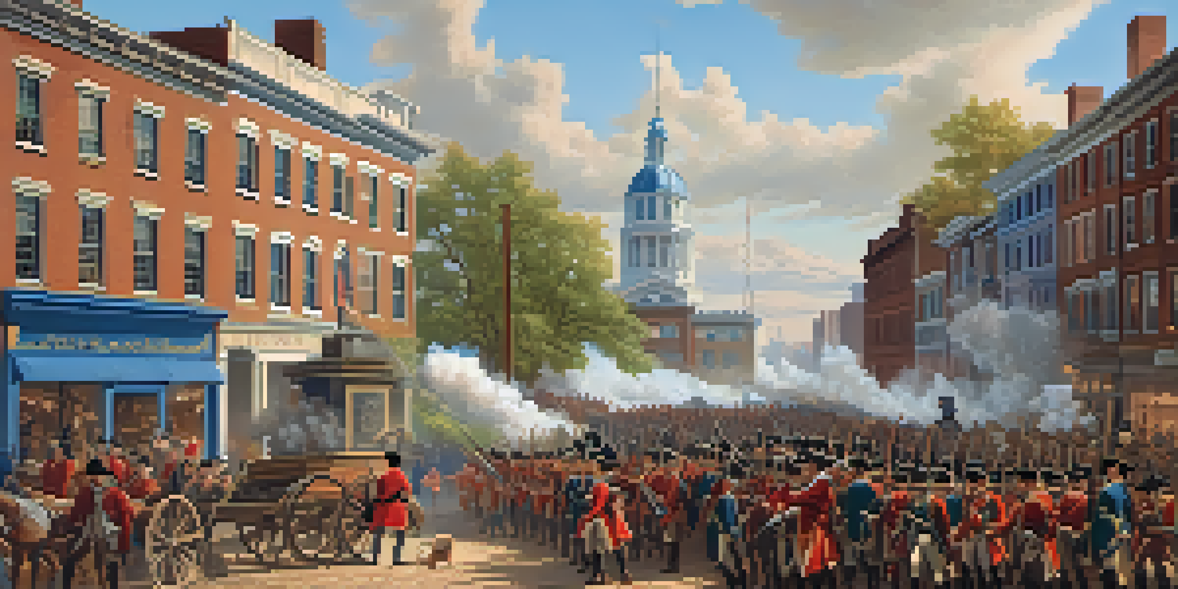 A vibrant historical scene of Newark during the Revolutionary War, showcasing patriots involved in protests and local activities against British rule, with colonial buildings and the Passaic River in the background.