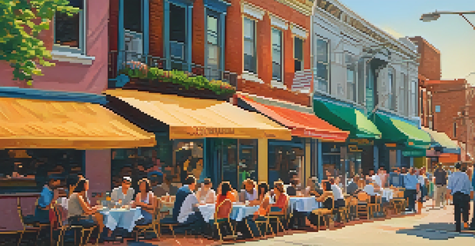 A lively outdoor dining scene in Newark's Ironbound neighborhood, featuring colorful cafes and people enjoying traditional dishes.