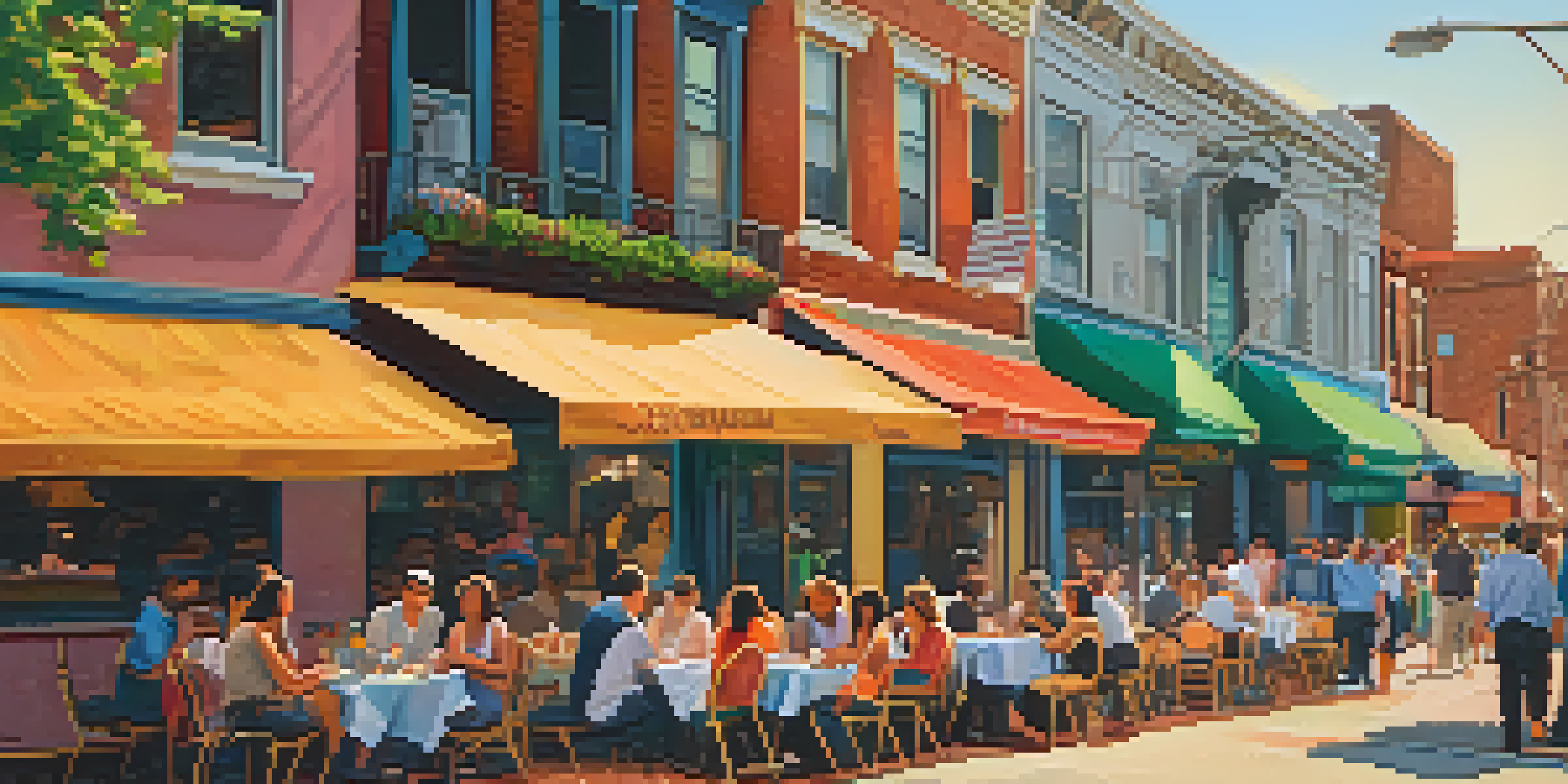 A lively outdoor dining scene in Newark's Ironbound neighborhood, featuring colorful cafes and people enjoying traditional dishes.