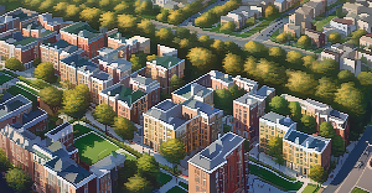 Aerial view of a revitalized Newark neighborhood with parks, art installations, and a mix of historic and modern architecture.