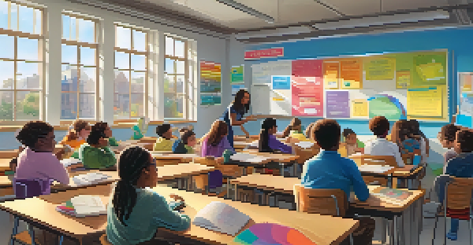 A lively classroom with students of various backgrounds interacting with tablets and a whiteboard, illuminated by natural light.