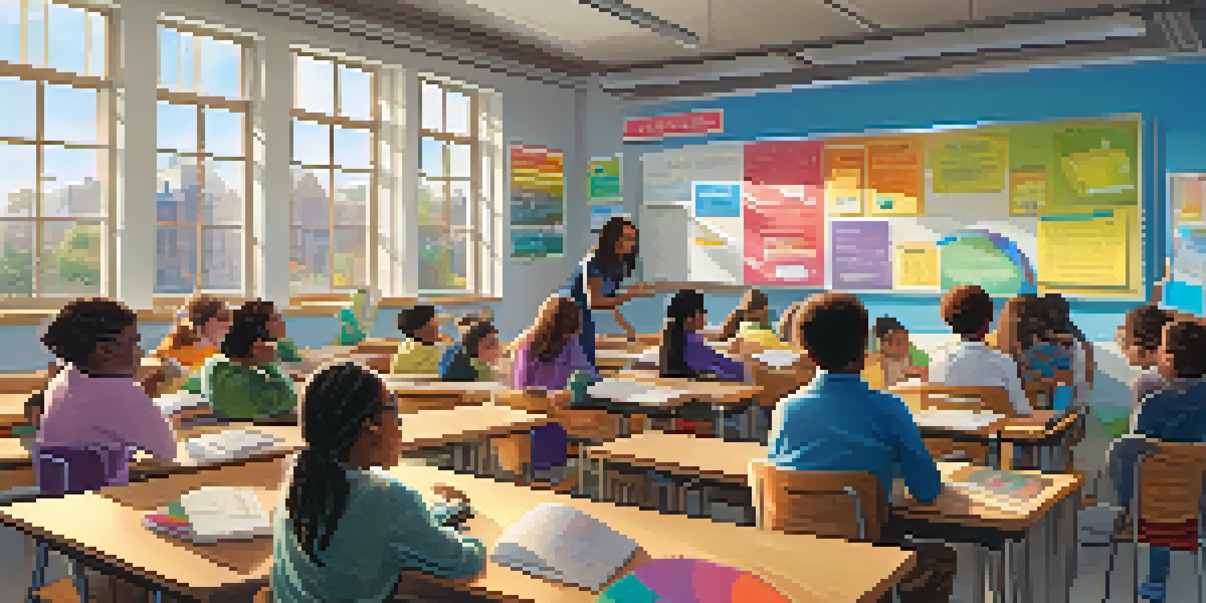 A lively classroom with students of various backgrounds interacting with tablets and a whiteboard, illuminated by natural light.
