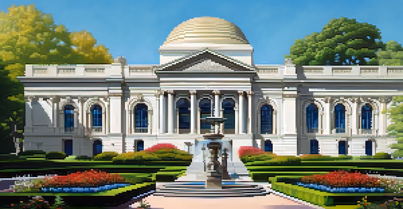 The Newark Museum of Art's grand entrance surrounded by a landscaped garden and outdoor sculptures under a clear blue sky.