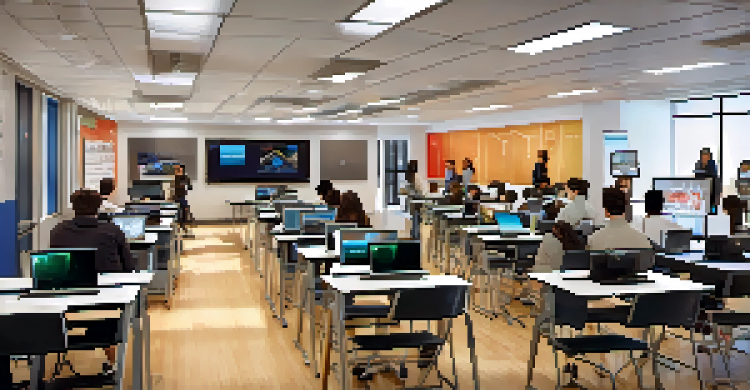 A modern classroom at NJIT featuring students working on computers and advanced technology in a well-lit environment.