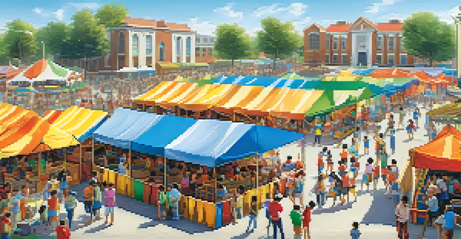 A lively outdoor school event with families participating in games and activities, surrounded by colorful tents and a joyful atmosphere.