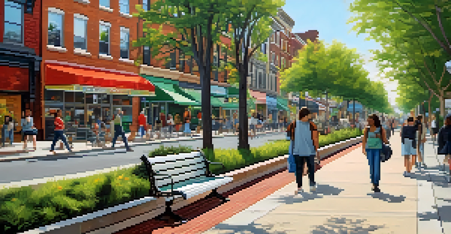 A pedestrian-friendly area in Newark with wide sidewalks, street art, and people enjoying the atmosphere surrounded by greenery.