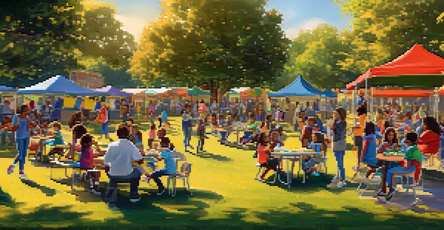 A community event at an after-school program, with families enjoying games and activities in a park during sunset.