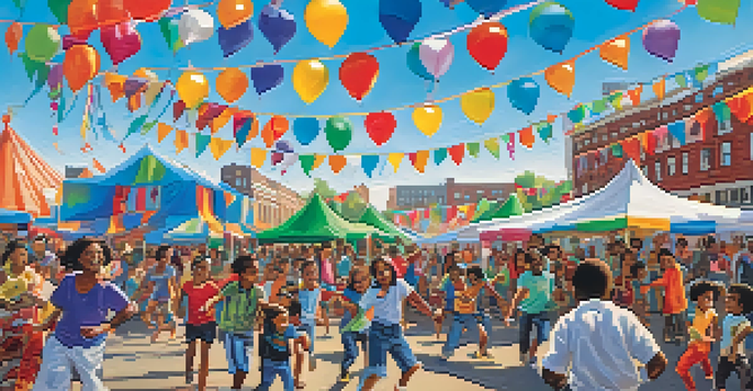 A lively community festival in Newark with diverse cultural activities, children dancing, and colorful tents.