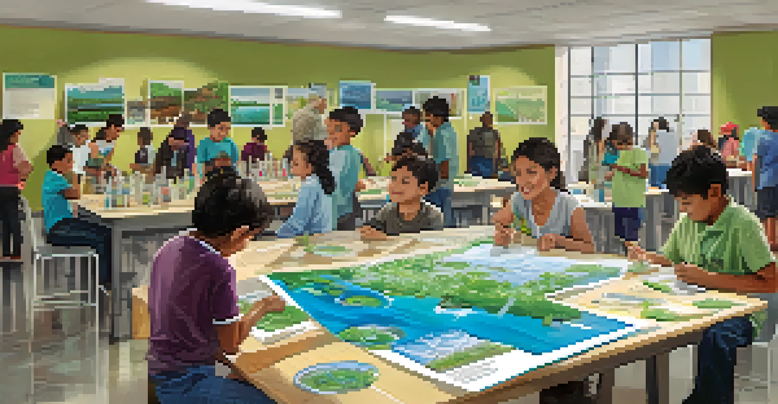 A community workshop on water pollution, with diverse participants discussing and engaging with educational materials.