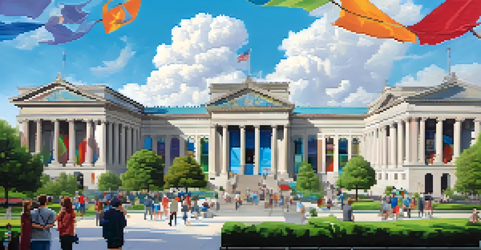 The Newark Museum with unique architecture, surrounded by greenery, visitors exploring outdoor sculptures, and a clear blue sky.