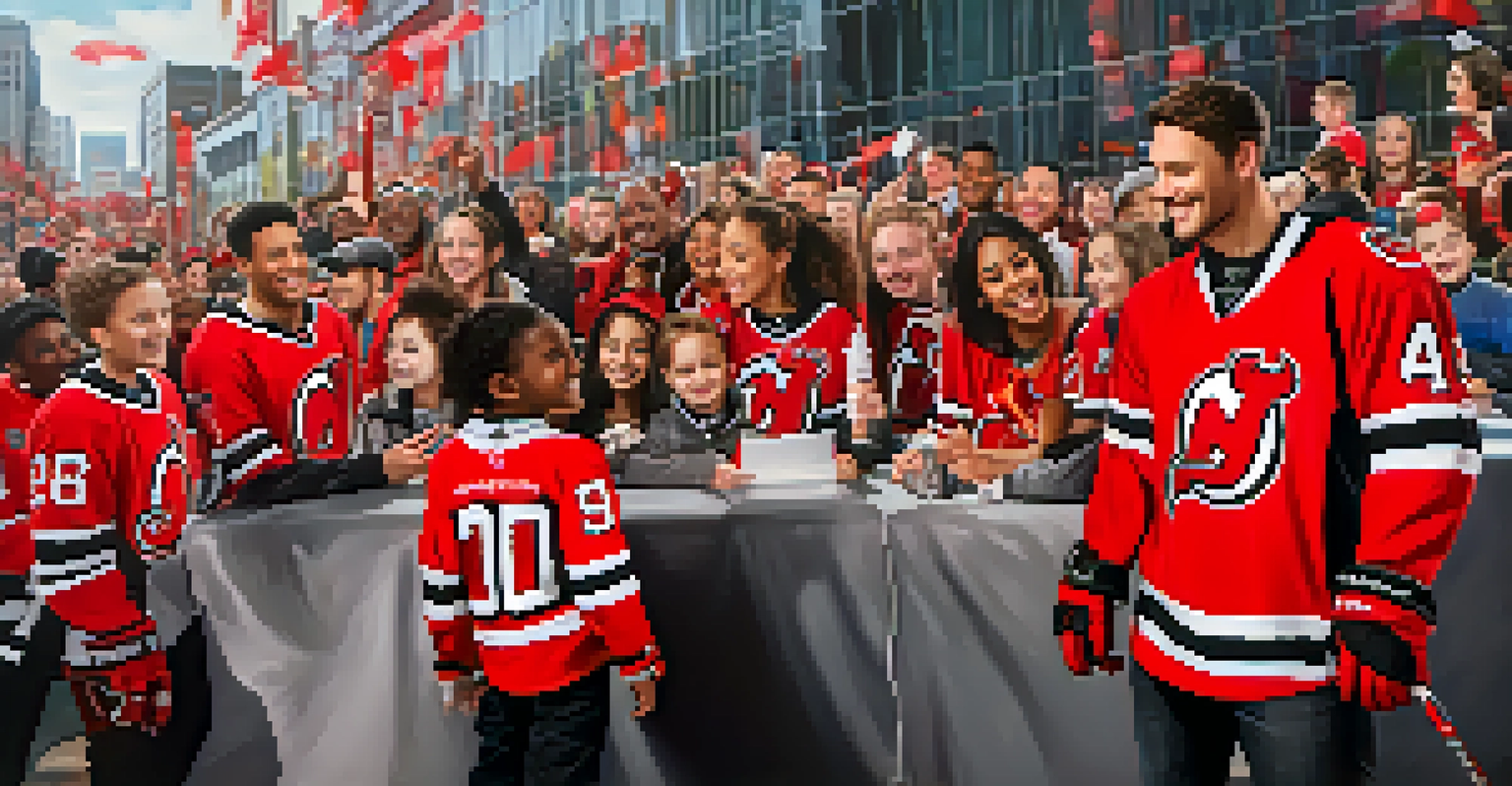 New Jersey Devils players engaging with fans at a community event, signing autographs and taking photos.