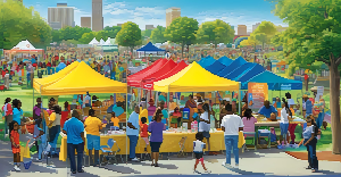 A lively community health fair in Newark with diverse participants engaging at colorful booths under the sun in a park.