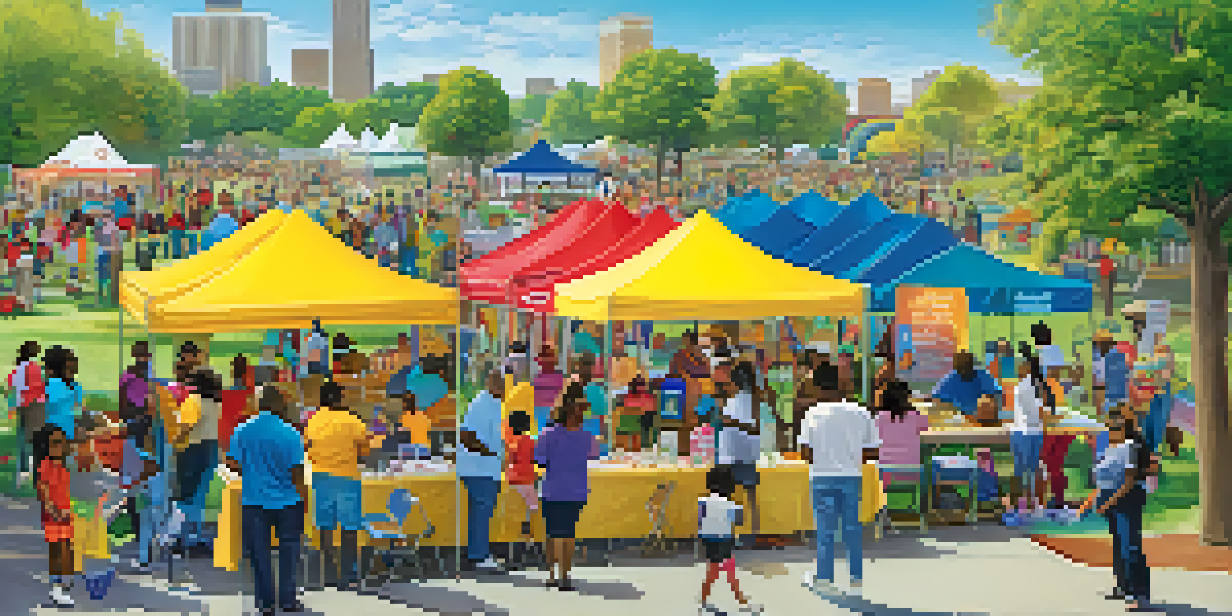 A lively community health fair in Newark with diverse participants engaging at colorful booths under the sun in a park.